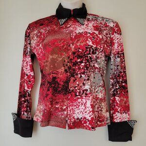 Vintage Valencia Abstract Red Black Long Sleeve Top Rhinestone Cuffs Collar L Ho